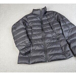 Eddie Bauer Puffer Jacket Women S Black Goose Down Full Zip Quilted Collar EB650
